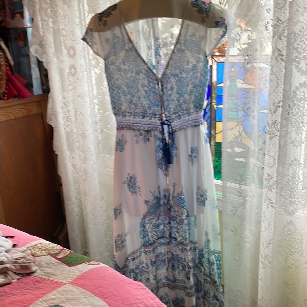 New Long White Boho Floral Dress with High Low Hem Size Large